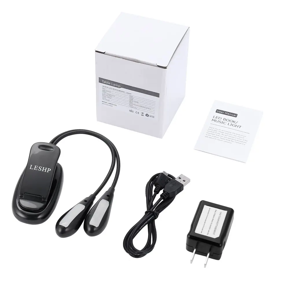 

LESHP 8LED Book Light Double Pole Clip On Music Stand Light Rechargeable Dimmable Adjustable Neck Built-in 1000mAh Battery