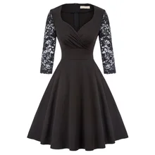 BP Women's Dress 3/4 Lace long Sleeve Dresses Surplice V-Neck Flared A-Line Vintage Retro Elegant Party Ladies Vestidos Dress surplice neck mixed media dress