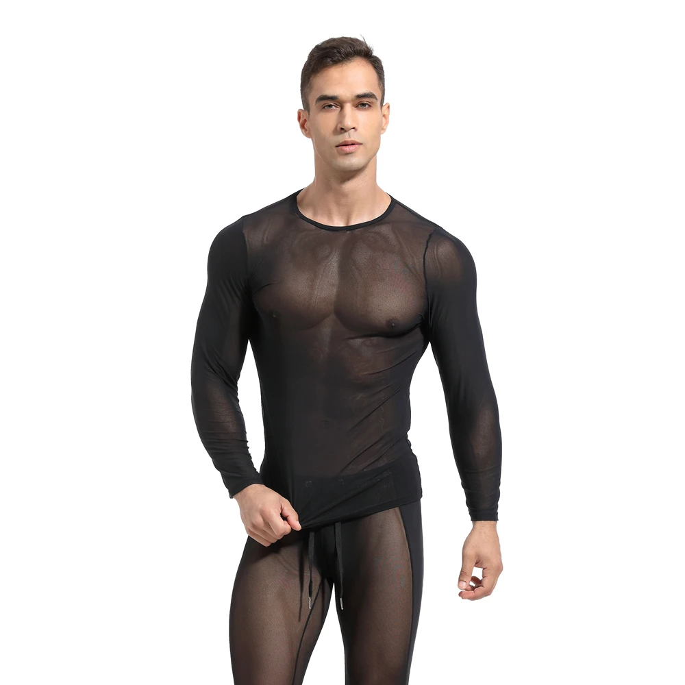 MENSSEXI новые сетчатые прозрачные сексуальные мужские майки с длинным рукавом прозрачное шелковое Прозрачное нижнее белье