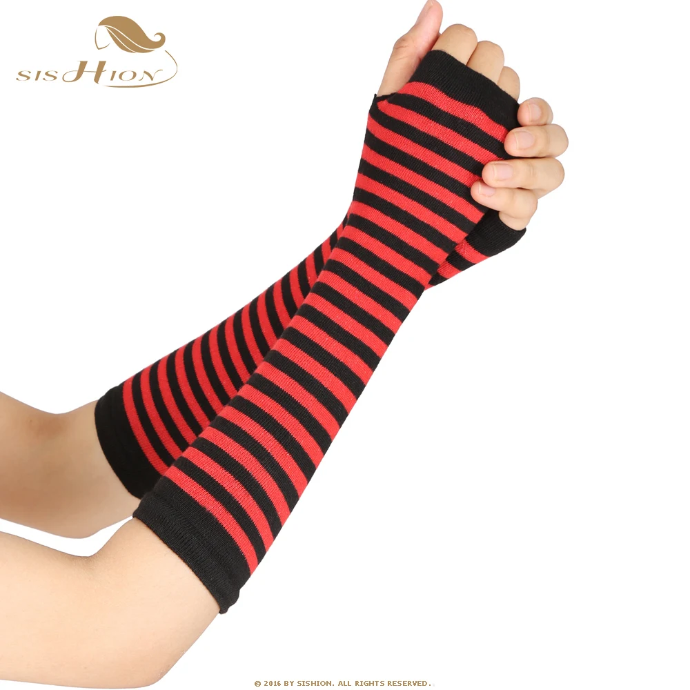 SISHION осенние женские гетры для запястья рук SP0527 вязаные перчатки без пальцев с длинным рукавом мягкие полосатые налокотники перчатки - Цвет: Black red striped