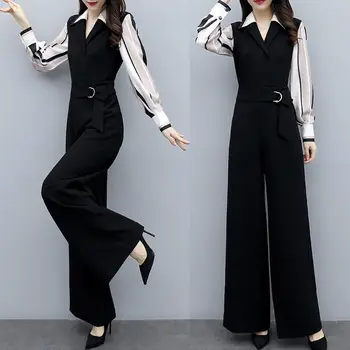 

Women 2020 Spring Autumn Fashion Elegant Office Workwear Casual Jumpsuit Female V-Neck Full Sleeve Wide Leg Romper With Belt L49