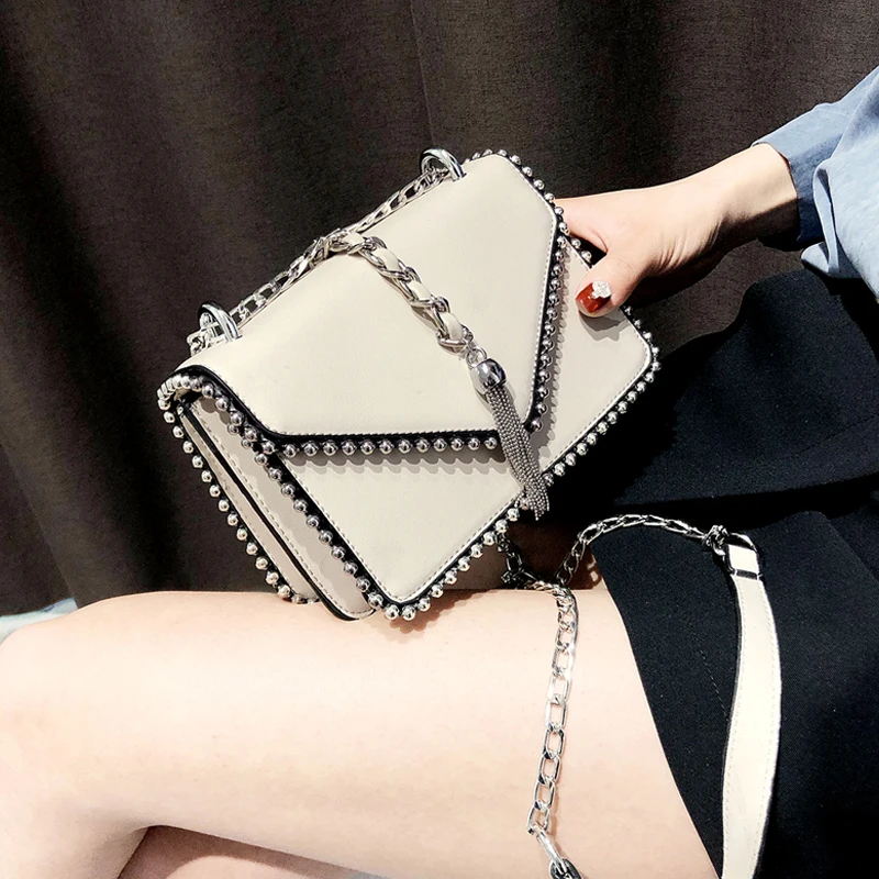 

European Fashion Simple Small Square Bag Women's Designer Handbag High Quality PU leather Rivet Tassel Chain Shoulder Bags