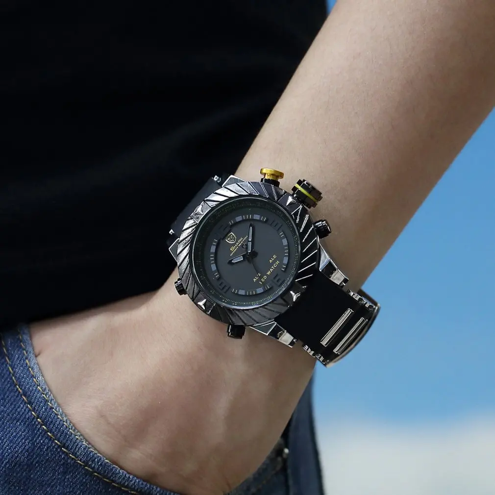Goblin Shark спортивные часы 3D логотип Dual Move для мужчин t водонепроницаемый полностью черный Аналоговый Силиконовый Ремешок Модные мужские повседневные наручные часы/SH165