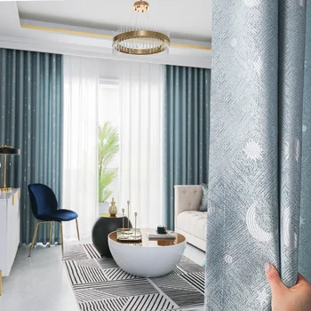 

Simple Modern Blackout Curtains for Living Room Pink Blue Star Moon Diamond Cotton Linen Jacquard Tulle Curtains Customizable