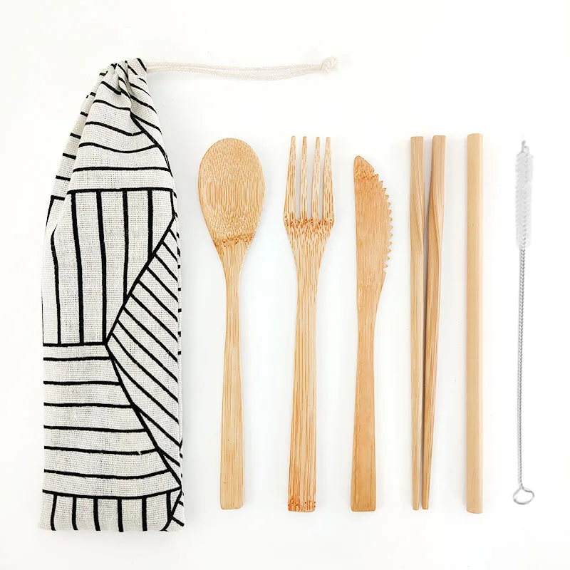 

Hot 6pcs High quality Portable Eco Friendly Cutlery Set Bamboo Spoon Fork Chopsticks Travel Utensils Flatware Set Biodegradable