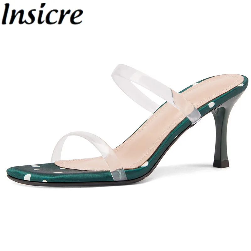 

Insicre ПВХ основные тапочки с квадратным носом белые пятна 2021 летние простые женские босоножки тонкий высокий каблук обувь зеленого цвета; Ручная работа