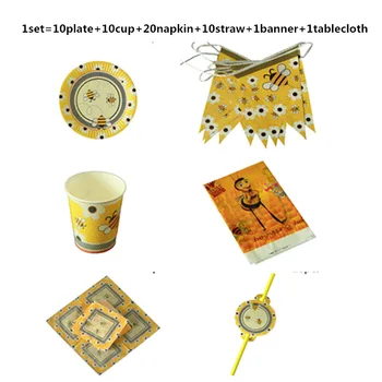 

Christmas 61pcs Bee Theme Party Tableware Set Plate Cup Napkin Straw Flag Tablecloth Happy Birthday Honeybee Party Decorations