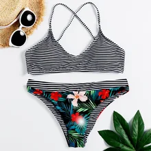 2019 Stripe Bikini Women Two-piece Suit Monokini Polyester Cotton Printing High Waist Swimming Suit Woman Bikini  Bodysuit