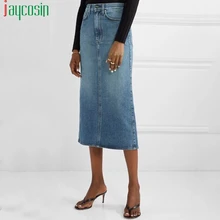 Прямая джинсовая юбка, Женская дышащая однотонная Повседневная Длинная женская юбка с карманами размера плюс, приталенные вечерние юбки с разрезом и высокой талией