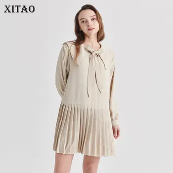 

XITAO Bow Pleated Patchwork Dress Fashion New Women Full Sleeve 2020 Spring Elegant Goddess Fan Loose Minority Dress DMY3683