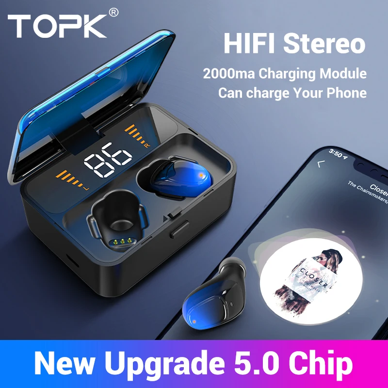 Comprar Auriculares TOPK F13 ES01 TWS 5,0 Bluetooth V5.0 auriculares portátiles estéreo inalámbricos Táctiles con auriculares de Bajo deportivo pantalla LED de potencia