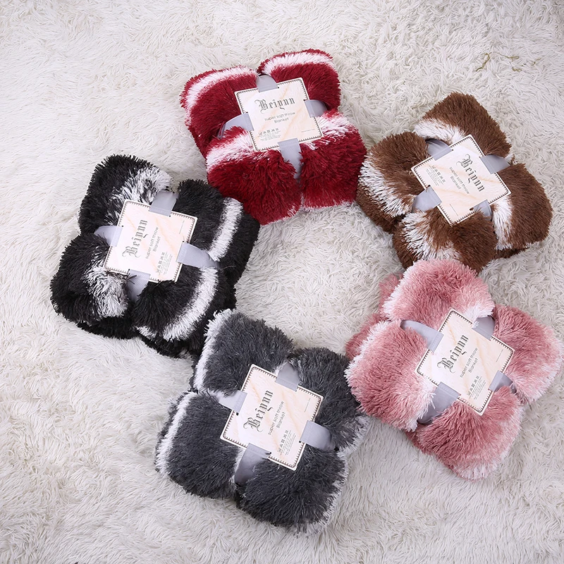 

Solid Striped Throw Blanket Super Soft Long Plush Shaggy Faux Fur Blankets Warm Double Bedspread For Home Sofa Bedroom Decor