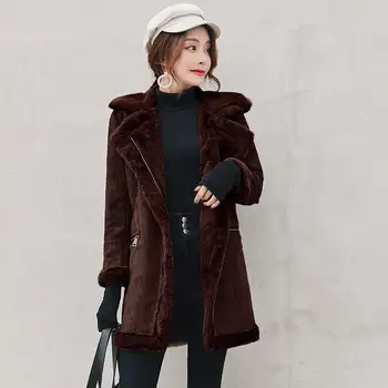 

Women Mid-Long Thicker Pockets Winter Jacket Deerskin Velvet Zipper Lamb Wool Jacket Turn-Down Collar Cotton Coat