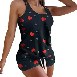 Stylish Pajama Set Shoulder Strap Women Color Block U Neck Pajama  Home Suit Set    Pajama Set