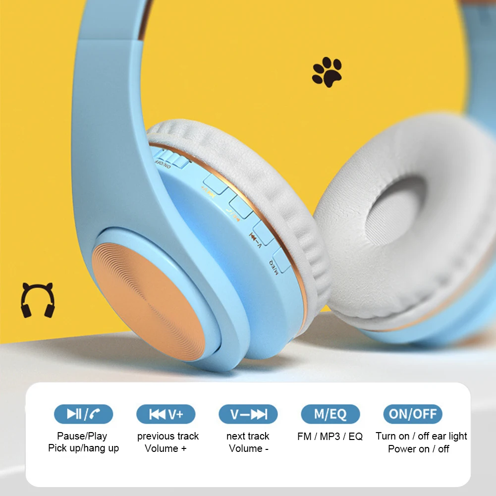 Cute Foldable Wireless Bluetooth Headset Cat Ear HIFI Music Listening FM Radio With LED Light Gaming Calling Support TF Card