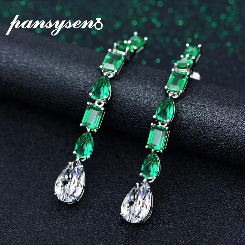 

PANSYSEN Luxury Water Drop Created Moissanite Emerald 925 Sterling Silver Long Drop Earrings for Women Wedding Fine Jewelry Gift