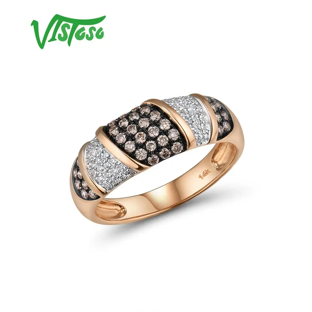 

VISTOSO Pure 14K 585 Rose Gold Starry Diamond Brown Diamond Delicate Ring For Women Anniversary Engagement Trendy Fine Jewelry