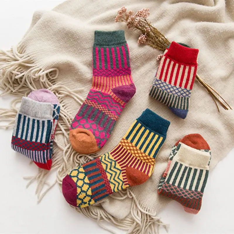 5 пар, женские носки для девочек, мягкие шерстяные теплые зимние плотные удобные носки с геометрическим принтом, 95AB