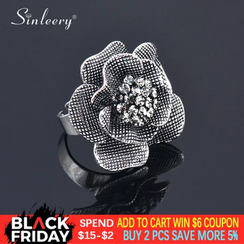 

SINLEERY Vintage Big Gray Blue Genuine Cubic Zircon Flower Rings Adjustable Size Antique Silver Color Party Jewelry Jz387 SSI
