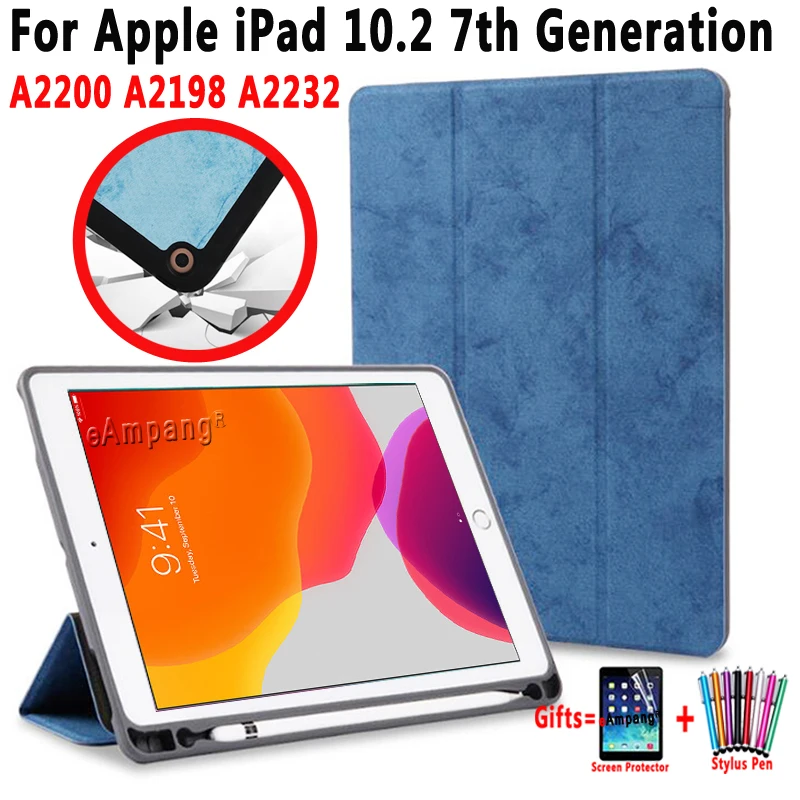 

Pencil Holder Case for Apple iPad 10.2 7th Generation A2197 A2200 A2198 A2232 Smart Cover Soft Shockproof Wake Sleep + Film+Pen