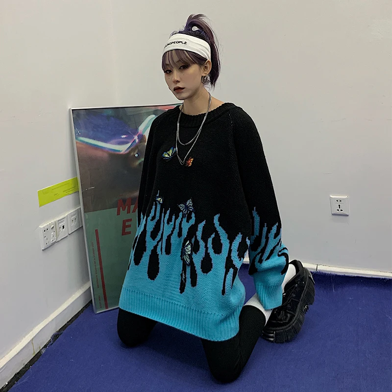 Woherb осень зима для женщин мужчин Harajuku пламя Вязание пуловер свитер бабочка аппликация патч негабаритных джемпер верхняя одежда