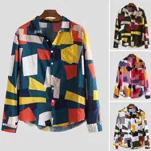 Гавайская рубашка с принтом,, мужская рубашка контрастного цвета с геометрическим принтом на пуговицах, короткий/длинный рукав, свободный уличный сверхразмерный, camisa masculina