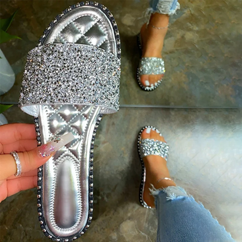 Wild Women Shiny Slipper Summer Casual Crystal Rhinestone Beach Flat ...