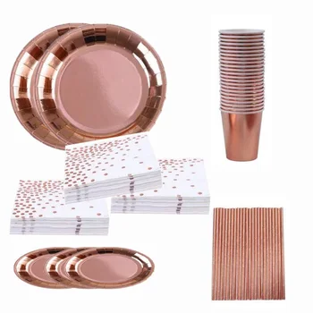 

50pcs Rose Gold Disposable Tableware Set Party Cup Plates Napkin Straw Foli Wedding Dinnerware Decor Birthday Party Supplies