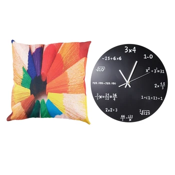 

2 Pcs Accessories: 1 Pcs Retro Rainbow Cotton Linen Pillow Case Cover & 1 Pcs Wall Clock Acrylic Mathematical Formula Clocks