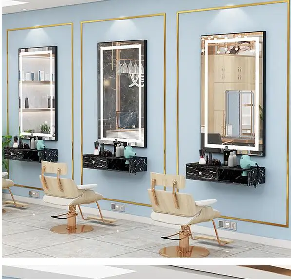 Barber shop mirror hair salon special integrated cabinet marble wall mirror LED light net red hairdressing single side