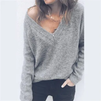 

Sexy strapless V-neck pullover 2020 casual long sleeve ribbed solid color pullover female knitted top