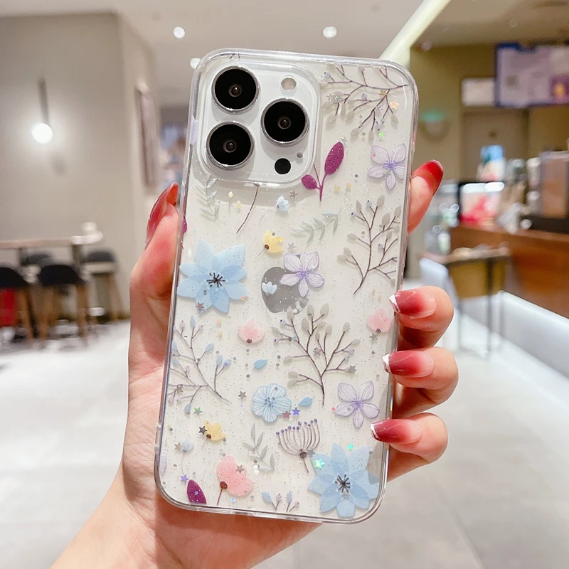 Shining Glitter Star Flowers Case For Iphone 13 12 11 Pro XS Max Mini X XR 7 8 Plus SE2020 Ultra-thin Transparent Soft Tpu Cover 13 pro max case