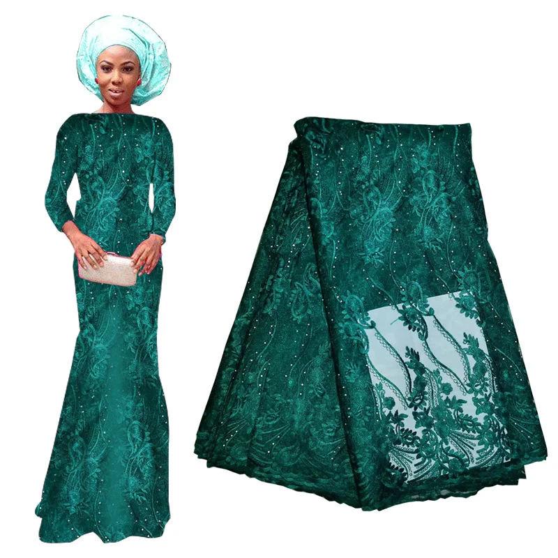 

2019 Latest French Lace Fabric Nigerian African Lace With Beaded Burgundy Green High Quality Tulle Lace Fabric For Bridal