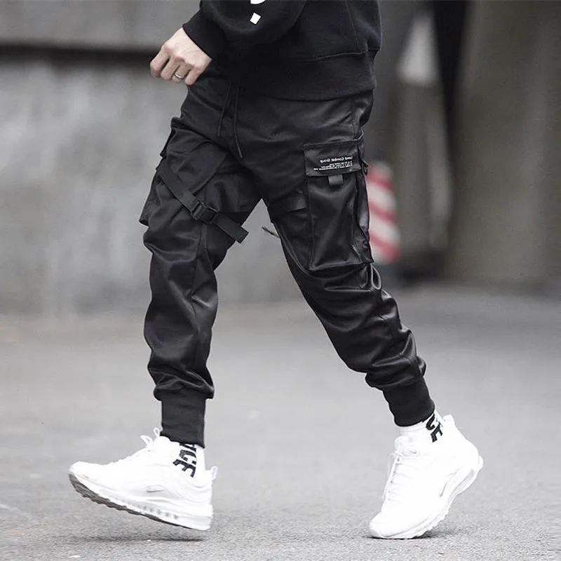 

2020 Fashion New Men Ribbons Color Block Black Pocket Cargo Pants Harem Joggers Harajuku Sweatpant Hip Hop Trousers