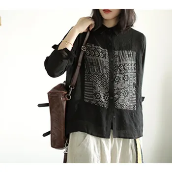 

2020 Spring female printing full shirt retro literary new national style tencel cotton stitching shirt canvas regular linen