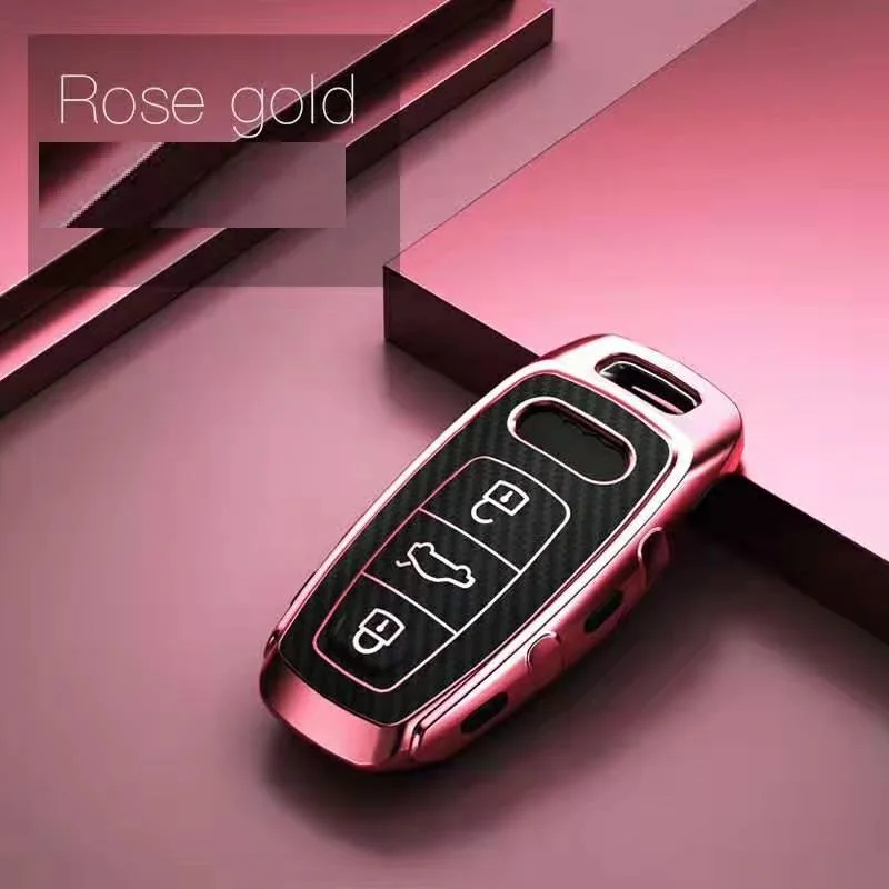 Чехол для ключей из ТПУ+ углеродного волокна для Audi A6 C8 A7 A8 Q8, аксессуары для автомобиля - Название цвета: Розовый