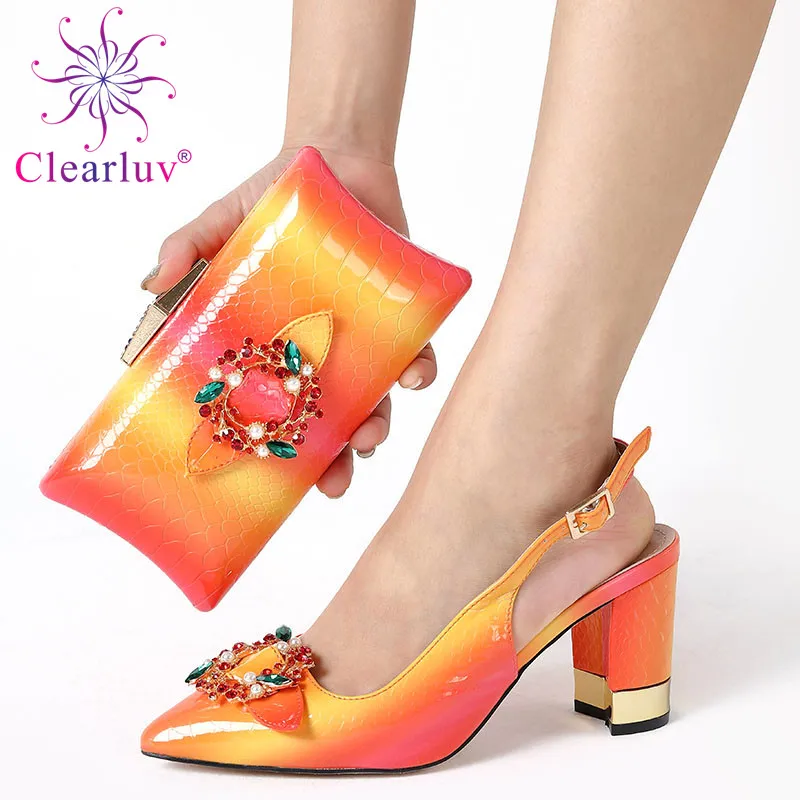 

New orange color Italian Shoes With Matching Bags African Women Shoes and Bags Set For Prom Party Summer Sandal