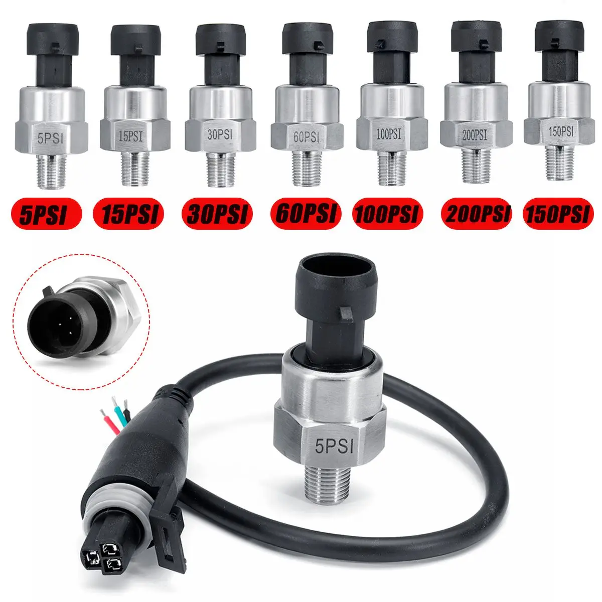 Transdutor de Pressão Óleo Combustível ar Transmissor Sensor Aço Inoxidável 15 30 60 100 150 200psi 5 v 1 – 8npt