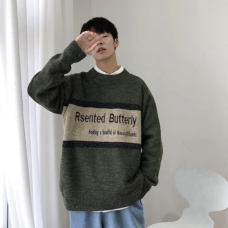 Winter New Sweater Men Warm Fashion Letters Contrast Color Casual O-neck Sweater Pullover Street Wild Loose Long-sleeved Sweater Winter New Sweater Men Warm Fashion Letters Contrast Color Casual O-neck Sweater Pullover Street Wild Loose Long-sleeved Sweater