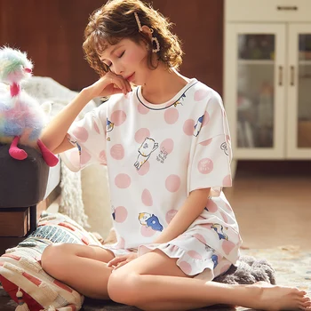 

BZEL Cute Cartoon Cat Sleepwear Cotton Loose Homewear Sweet Charming Nighty Sexy Summer Pijama Set Polka Dot O-Neck Pyjama M-3XL