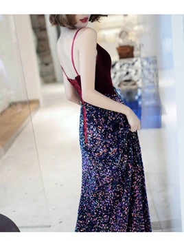 

Popular Spaghetti Straps Velvet Sequins Evening Gown Lace Up Back A-line Long Prom Dress Custom Made