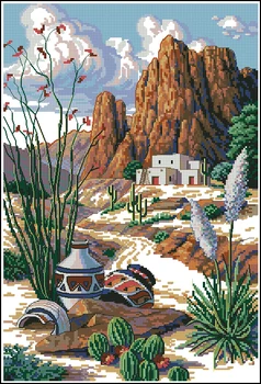 

Higher quality cotton threads Lovely Counted Cross Stitch Kit Southwest Mesa Desert Mountain Pot Cactus Cacti dim 03801 3801