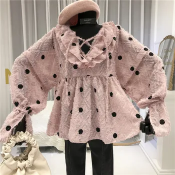 

Polka Dot Double-layer Women Blouse Flare Sleeve Chiffon Bohemian 2020 Summer Spring Moda Mujer Ropa Pink White