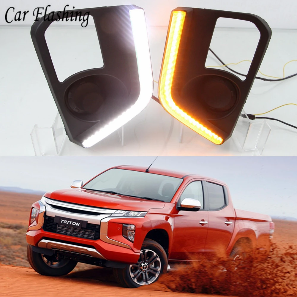 Автомобиль мигает 2 шт. для Mitsubishi Triton L200 светодиодный DRL дневные ходовые огни Противотуманные фары крышка с желтой поворотной сигнальной лампой
