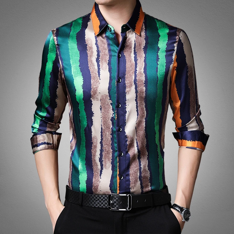 Camisas de seda 100% auténtica para hombre, ropa de trabajo la moda, Multicolor, a rayas, talla grande, regalo para padre y informales| - AliExpress
