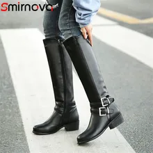 Smirnova hot sale big size 47 winter riding boots women round toe buckle zip low heels casual shoes women knee high boots