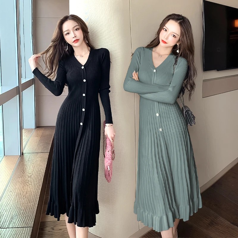 Winter Knitting Sweater Pleate Dress One Piece Korea Ladies Long Sleeve V Neck Warm Party Long Maxi Dresses For Women Clothing Pullovers Aliexpress