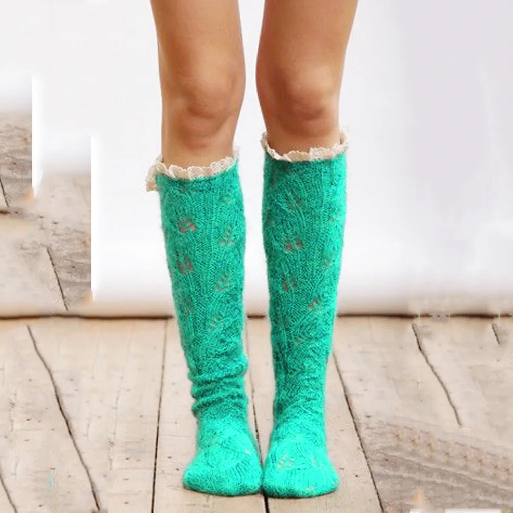 Зимние женские вязанные хлопковые чулки с подкладкой, дамские ботфорты выше колена размера плюс, Длинные теплые носки-тапочки для девочек, Medias
