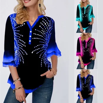 

Women's Print Single-Breasted Shirt V-neck Flared Sleeve Irregular Female Shirts Top Plus Size 5XL 2020 Spring Summer Tops