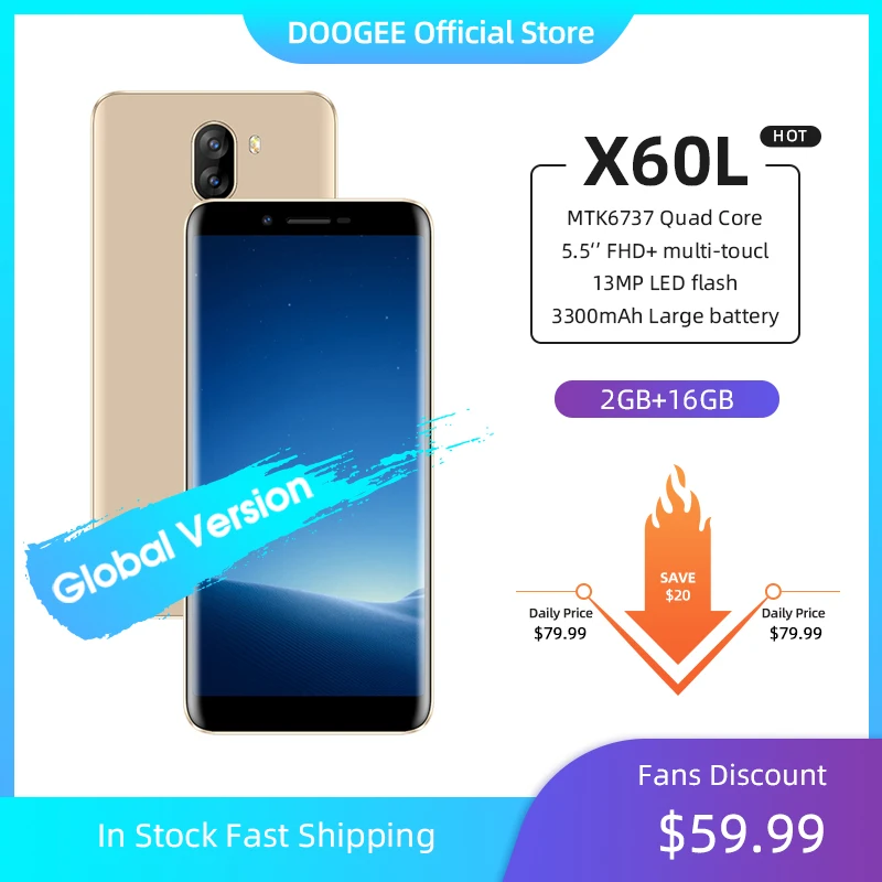 DOOGEE X60L 5 ''подключается к сети 4G MTK6737 4 ядра 2 Гб Оперативная память 16 Встроенная